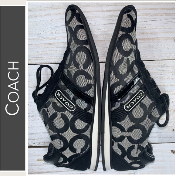 Coach “Kathleen” Sneakers Signature “C” Design, Black Suede, Patent Leather 7M - Picture 2 of 11